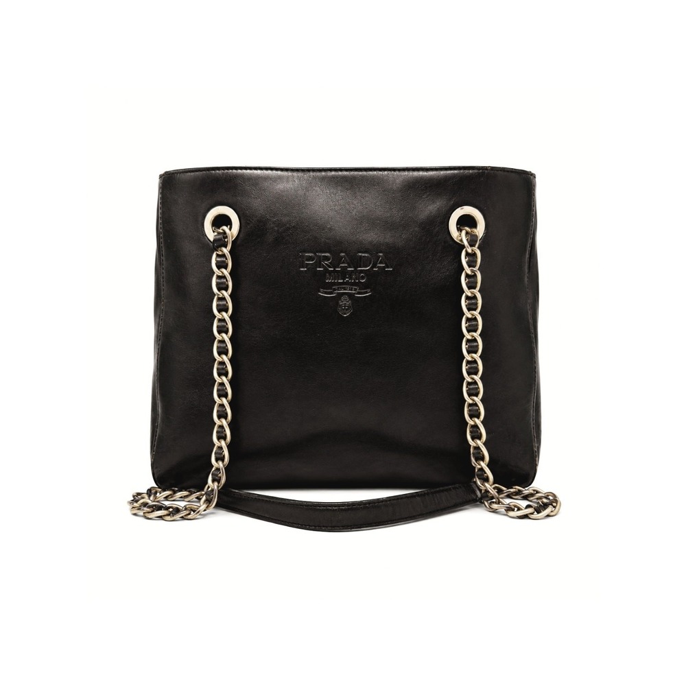Prada Bag Purse LOGO Chain Shoulder Tote Crossbody Brown Black Nappa Leather